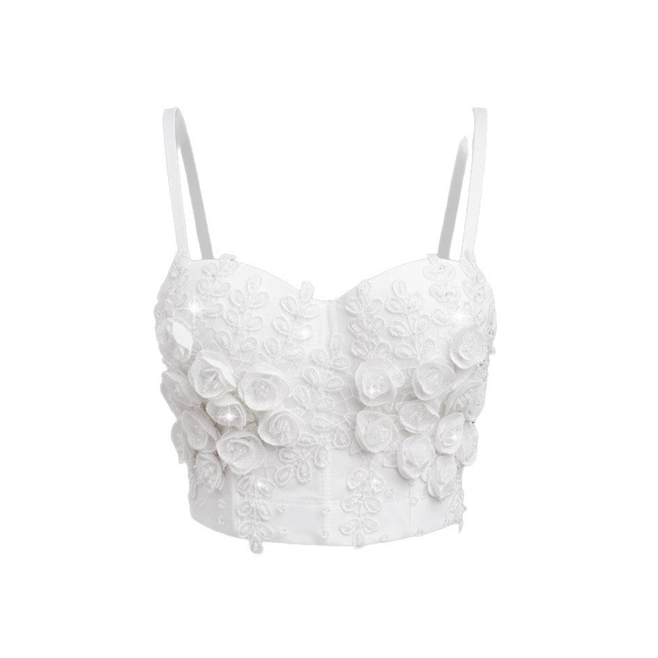Sexy Bone Corset White Camisole Heavy Embroidered Petal Halter Strapless