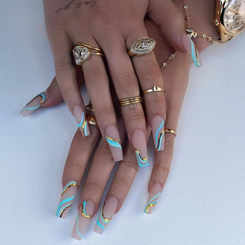 Gold Line Wave Pattern Long Ballet Press-On Nails | Frosted Matte Contrast Color Nail Art Set