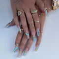 Gold Line Wave Pattern Long Ballet Press-On Nails | Frosted Matte Contrast Color Nail Art Set