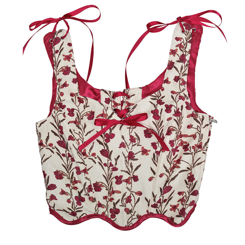 V-Neck Corduroy Small Floral Print Bow Petal Hem Fishbone Strap Short Corset Vest