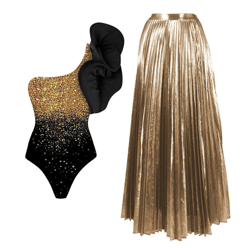 One-Shoulder Corset Ruffle Sequin Printed Swimsuit Set for Women