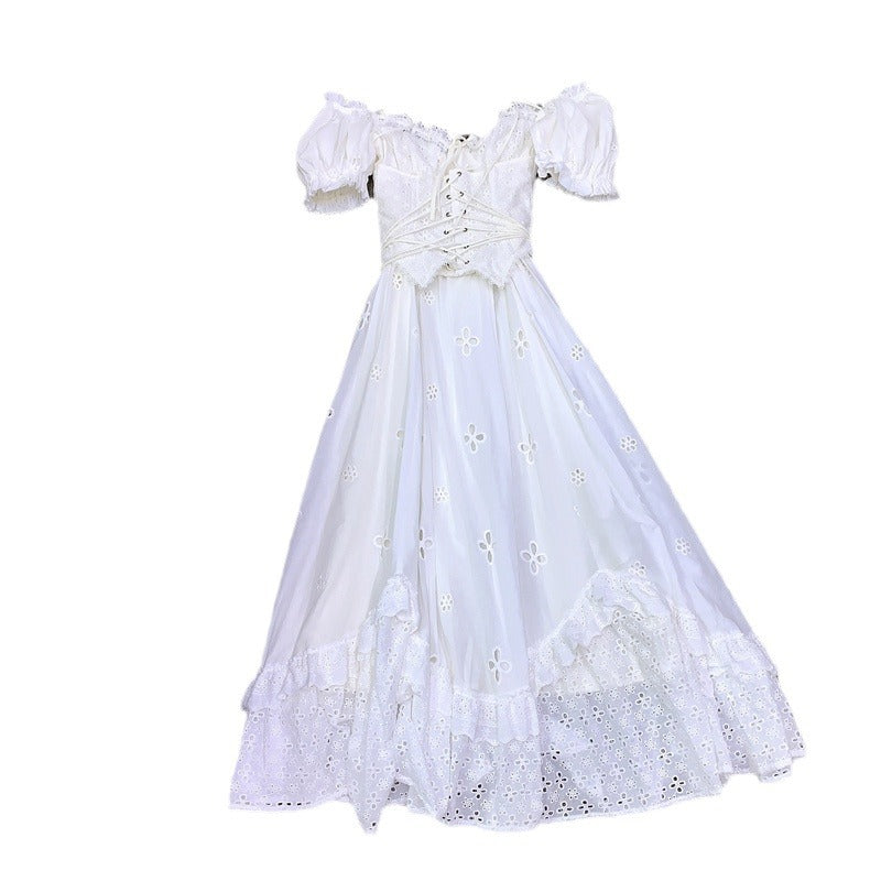 LaceMa Romantic First Love White Dress Vintage Waist Belt False Two-Piece Corset Dress