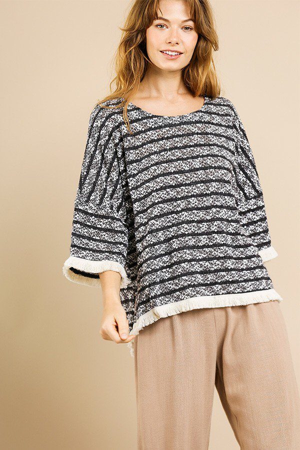 Sale - Heathered Striped Knit Bell Sleeve Round Neck Top – On Sale Now