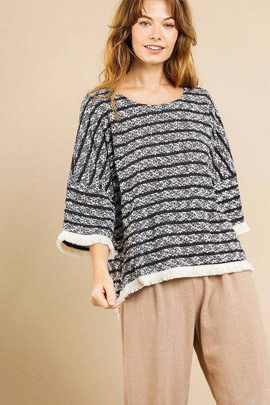 Sale - Heathered Striped Knit Bell Sleeve Round Neck Top – On Sale Now