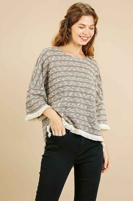 Sale - Heathered Striped Knit Bell Sleeve Round Neck Top – On Sale Now