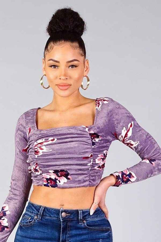 Sale - Ruched Velvet Floral Back Tie Crop Top – On Sale Now