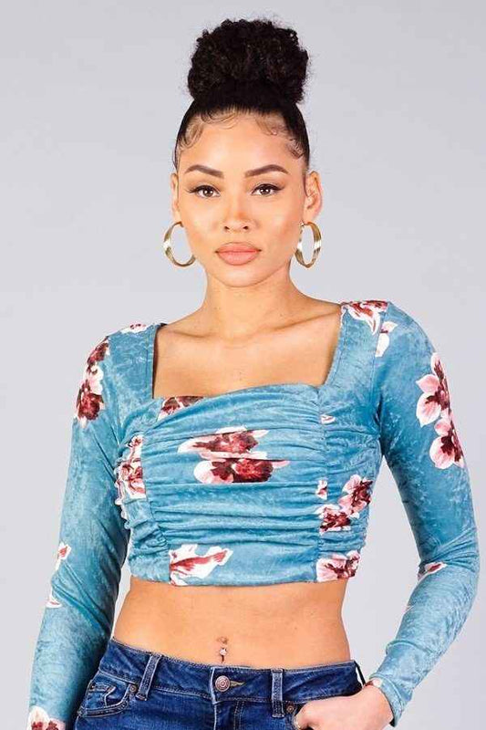 Sale - Ruched Velvet Floral Back Tie Crop Top – On Sale Now