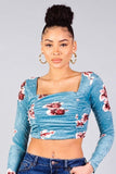 Ruched Velvet Floral Back Tie Crop Top