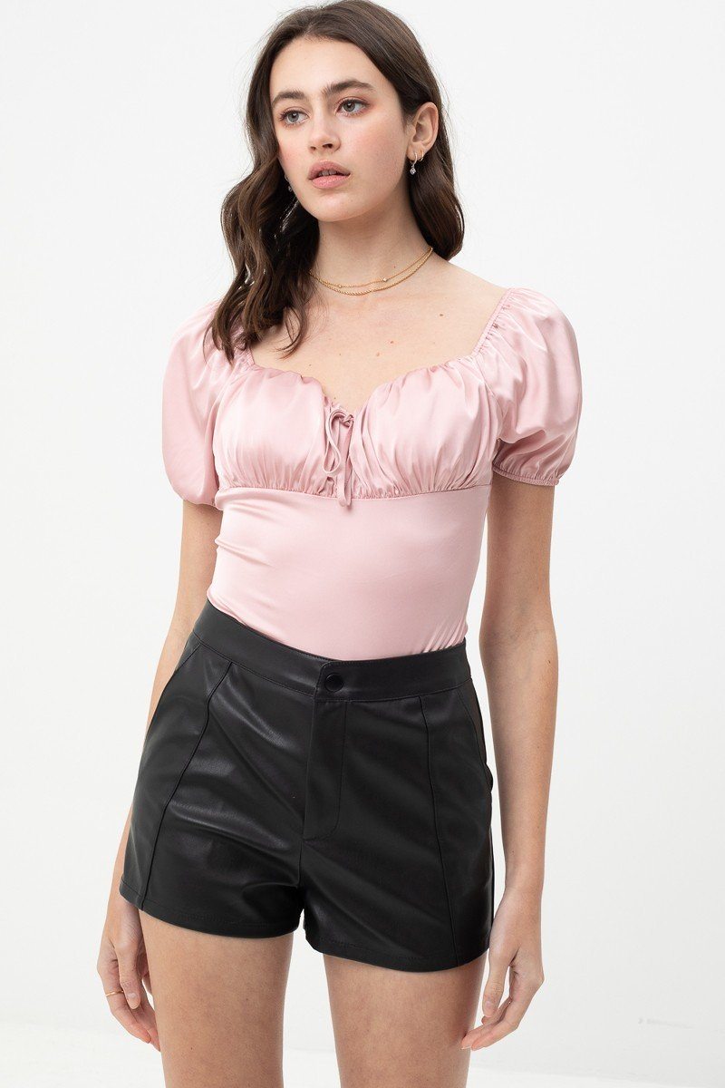 Sale - Satin Bodysuit With Front Neck Tie And Scooped Neck – On Sale Now