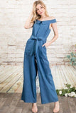 Fold-over Collar Detailed Button Down Off-shoulder Chambray Denim Wide Leg