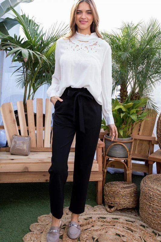 Ruffle High Waist Belt Side Pocket Front Zipper Solid Pants – black, fashion, women style