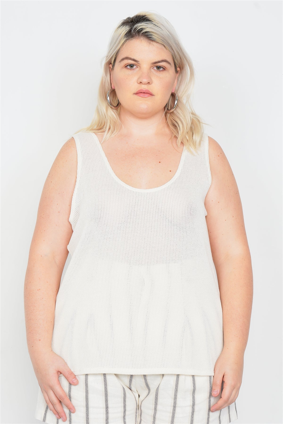 Plus Size Sheer Ivory Ribbed Causal Tank Top – Stylish & Comfortable – men’s fashion, stylish and versatile