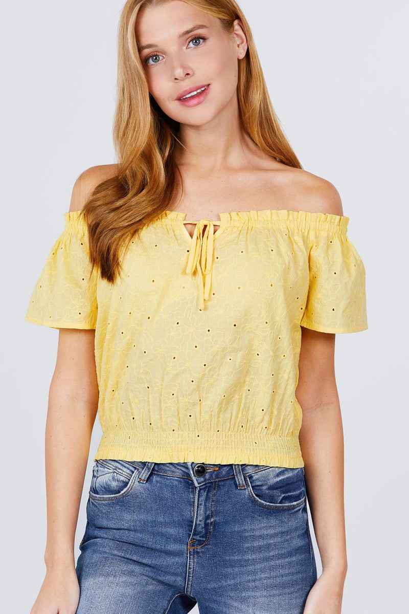 Sale - Short Sleeve Off The Shoulder Front Tie Detail Smocked Hem Eyelet Lace Woven Top – On Sale Now
