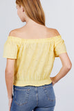 Short Sleeve Off The Shoulder Front Tie Detail Smocked Hem Eyelet Lace Woven Top