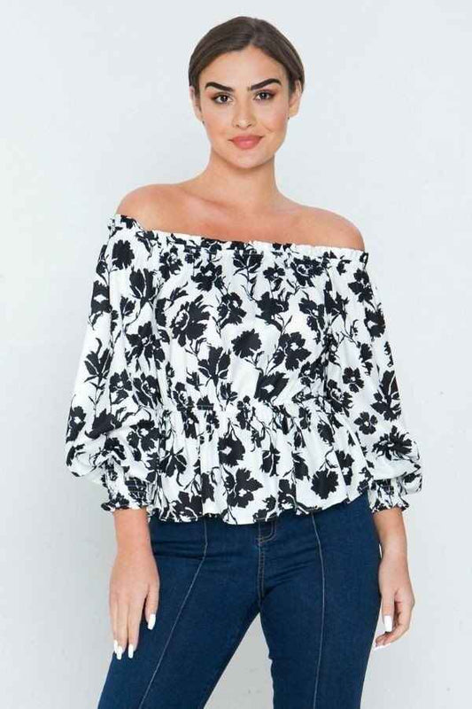Sale - Long Sleeves Off Shoulder Neckline Printed Shirt – On Sale Now