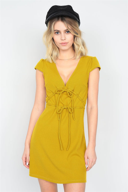 Sale - Mustard Ribbed V-neck Cap Sleeve Mini Solid Casual Dress – On Sale Now