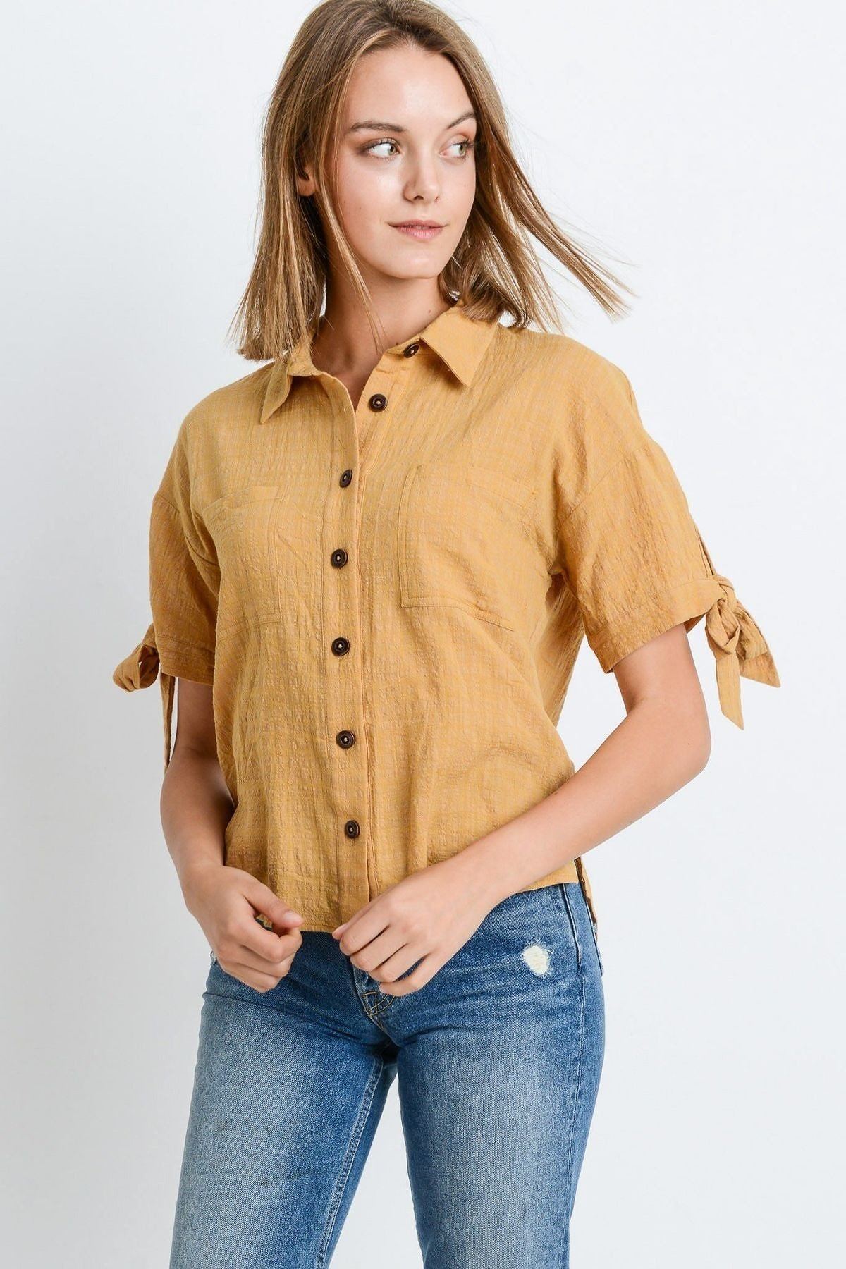 Sale - Short Sleeve Button Up Top With Tie Sleeve – On Sale Now