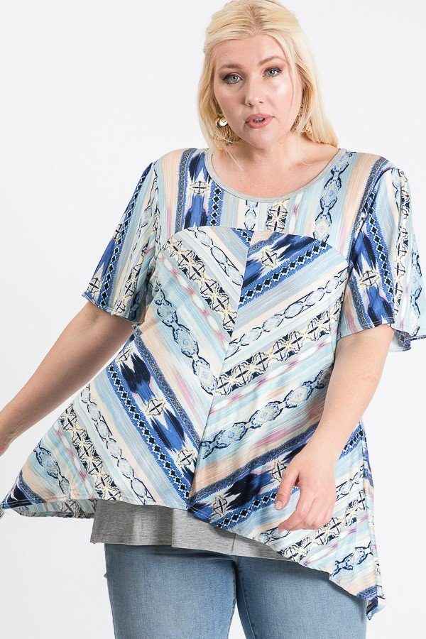 Plus Size Short Sleeve Aztec Patterned Layered Top – Stylish & Comfortable – men’s fashion, stylish and versatile