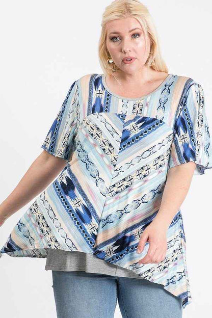 Plus Size Short Sleeve Aztec Patterned Layered Top – Stylish & Comfortable – men’s fashion, stylish and versatile