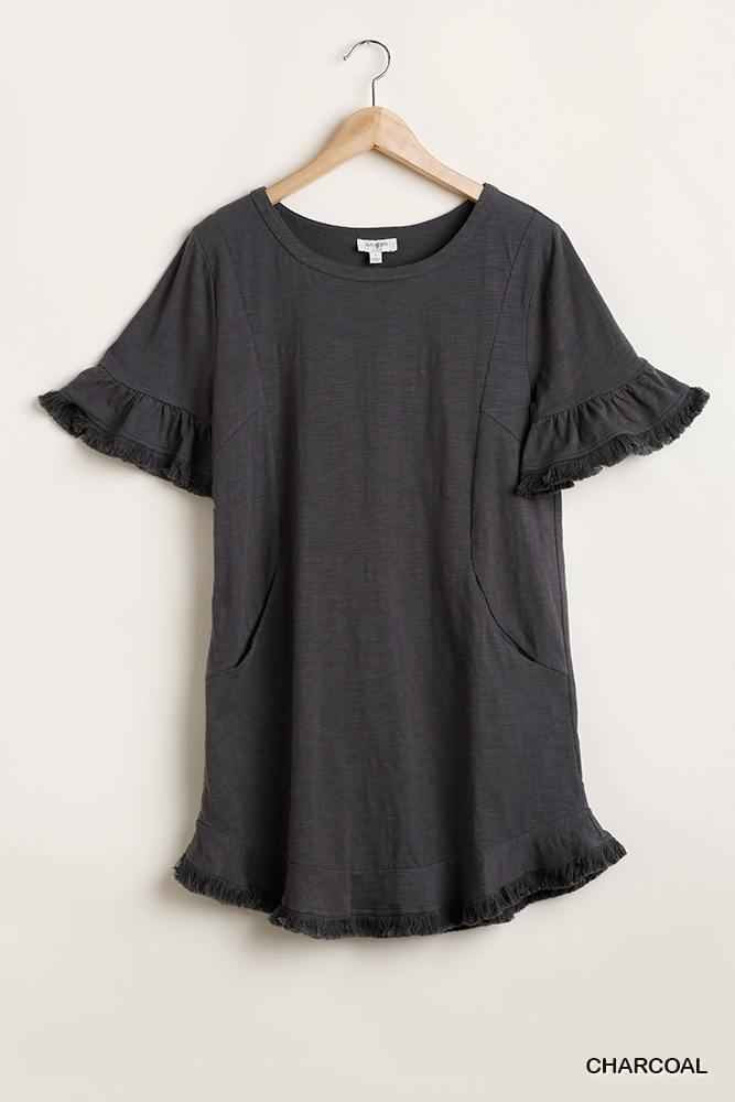 Sale - Short Ruffle Frayed Hem And Round Neck Dress With Pockets – On Sale Now