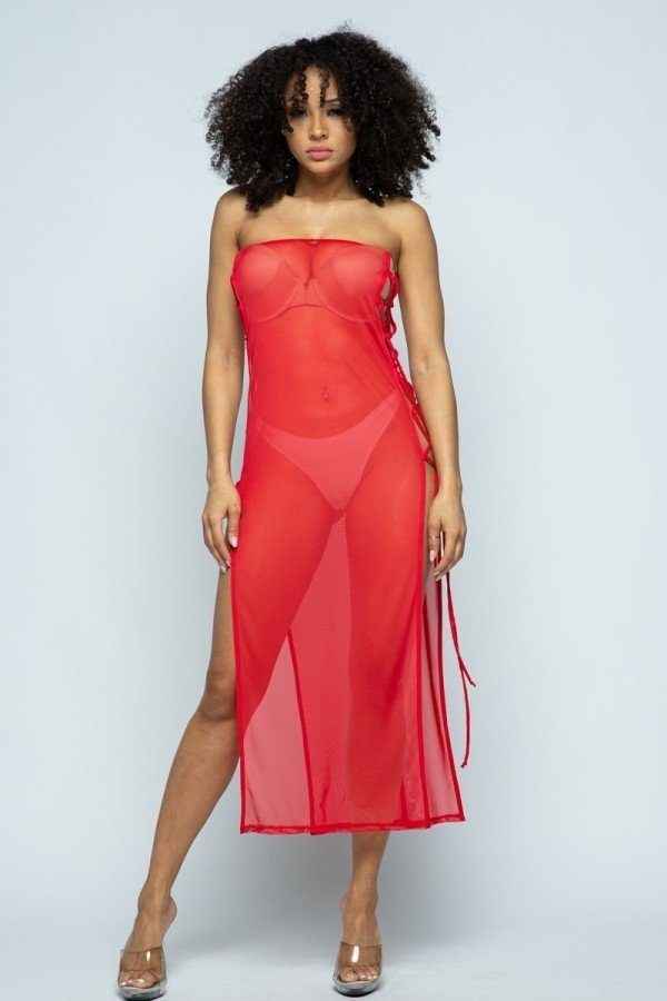 Sale - Solid Mesh Side Lace Up Cover Up Dress – On Sale Now