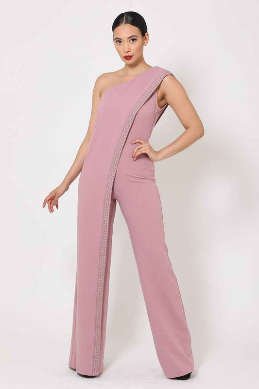 One Shoulder Greek Border Pattern Jumpsuit – multicolor, fashion, women style