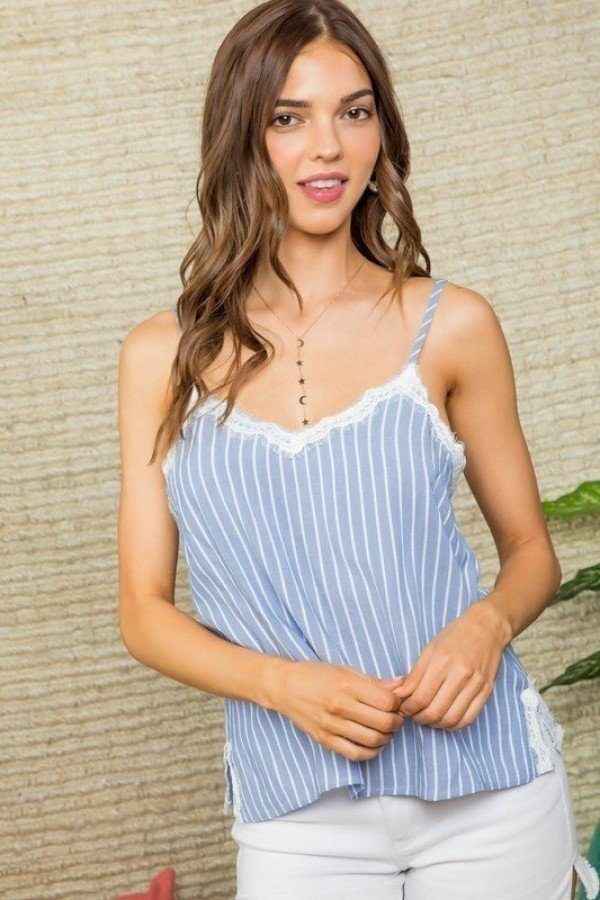 Sale - Stripe Print Side Slit Adjustable Self Spaghetti Lace Cami – On Sale Now