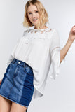 Cute Floral Mesh Lace Accent Yoke Crochet Detailed Tie-back Bell Sleeve Blouse