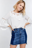 Cute Floral Mesh Lace Accent Yoke Crochet Detailed Tie-back Bell Sleeve Blouse