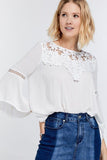 Cute Floral Mesh Lace Accent Yoke Crochet Detailed Tie-back Bell Sleeve Blouse