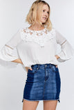 Cute Floral Mesh Lace Accent Yoke Crochet Detailed Tie-back Bell Sleeve Blouse