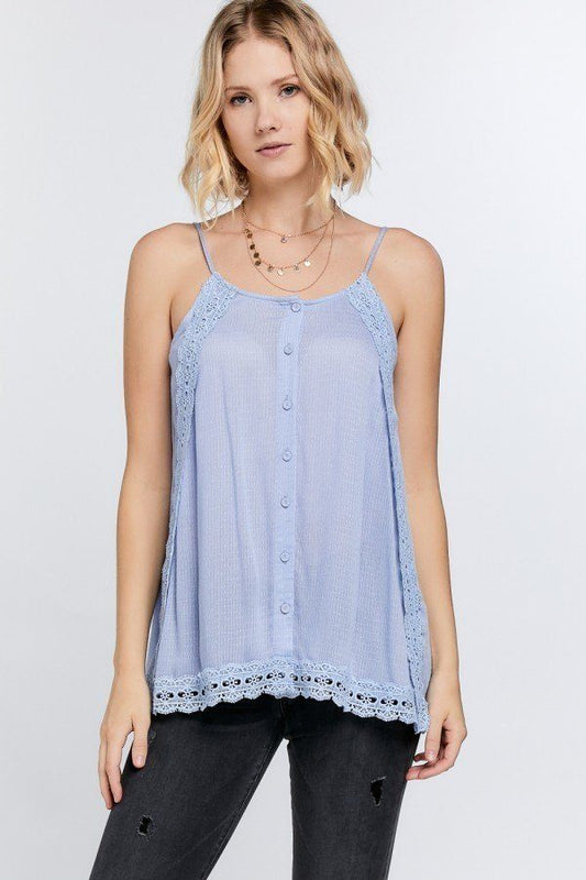 Sale - Boho Scallop Lace Trim Detailed Button Down Solid Subtle Textured Slit Side Overlay Layered Cami Top – On Sale Now