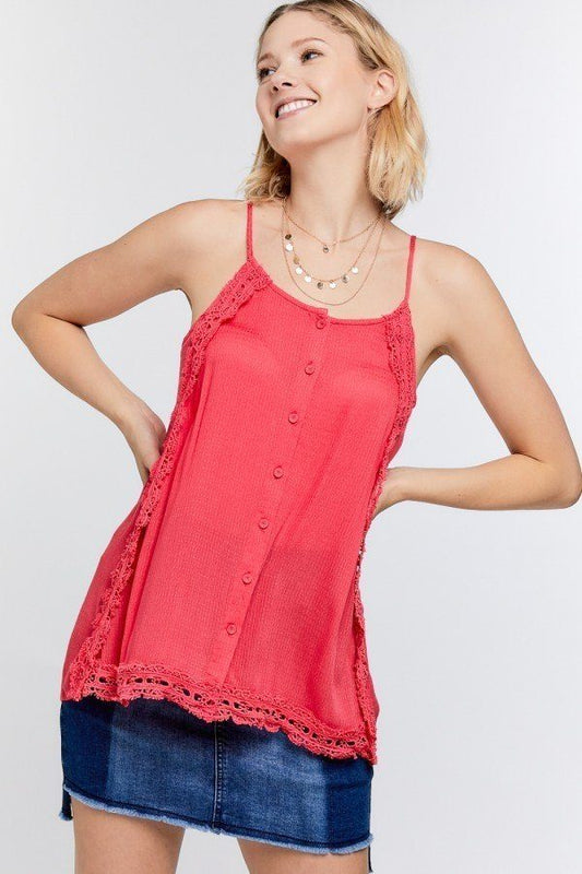 Sale - Boho Scallop Lace Trim Detailed Button Down Solid Subtle Textured Slit Side Overlay Layered Cami Top – On Sale Now