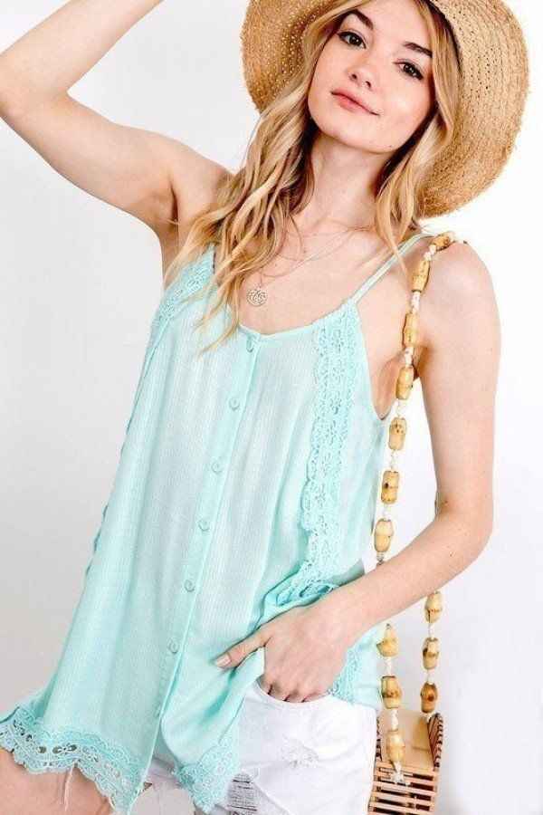 Sale - Boho Scallop Lace Trim Detailed Button Down Solid Subtle Textured Slit Side Overlay Layered Cami Top – On Sale Now