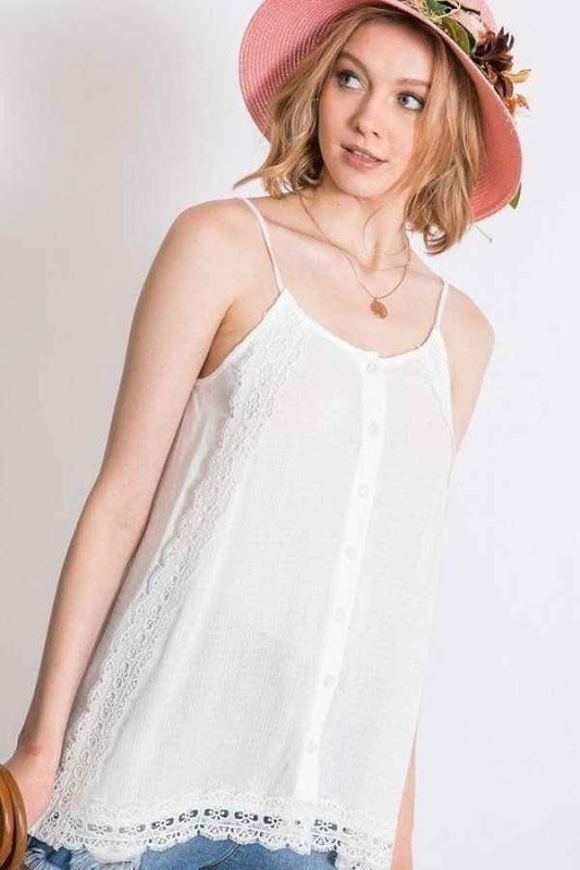 Sale - Boho Scallop Lace Trim Detailed Button Down Solid Subtle Textured Slit Side Overlay Layered Cami Top – On Sale Now