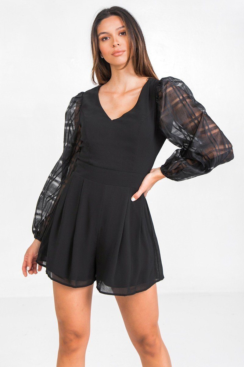 V Neckline Solid Romper – black, fashion, women style