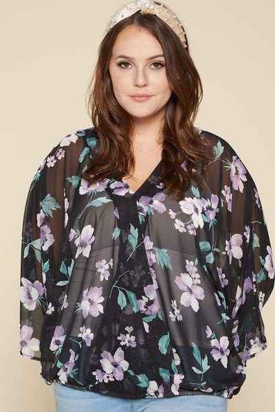 Plus Size Floral Chiffon Sheer Surplice Top – Stylish & Comfortable – men’s fashion, stylish and versatile