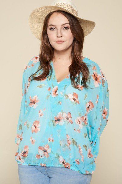Plus Size Floral Chiffon Sheer Surplice Top – Stylish & Comfortable – men’s fashion, stylish and versatile