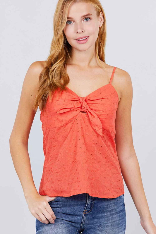 Sale - V-neck w/front bow tie eyelet woven cami top – On Sale Now