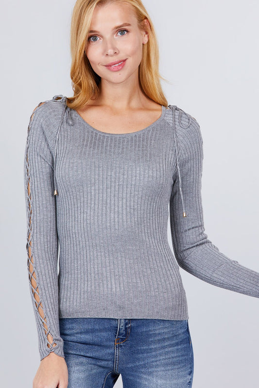 Sale - Long Sleeve W/strappy Detail Round Neck Rib Sweater Top – On Sale Now