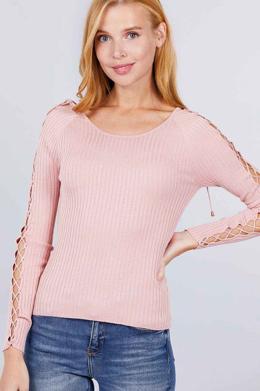 Sale - Long Sleeve W/strappy Detail Round Neck Rib Sweater Top – On Sale Now