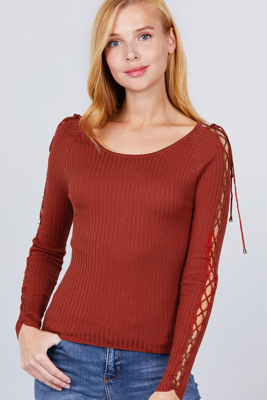 Sale - Long Sleeve W/strappy Detail Round Neck Rib Sweater Top – On Sale Now