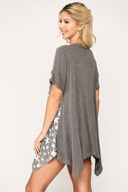 Star Textured Knit Mixed Tunic Top With Shark Bite Hem