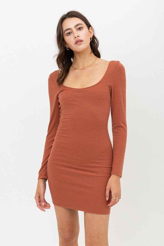 Sale - U Neck Of Front And Back Side, Basic Rib Dress With Long Sleeve – On Sale Now