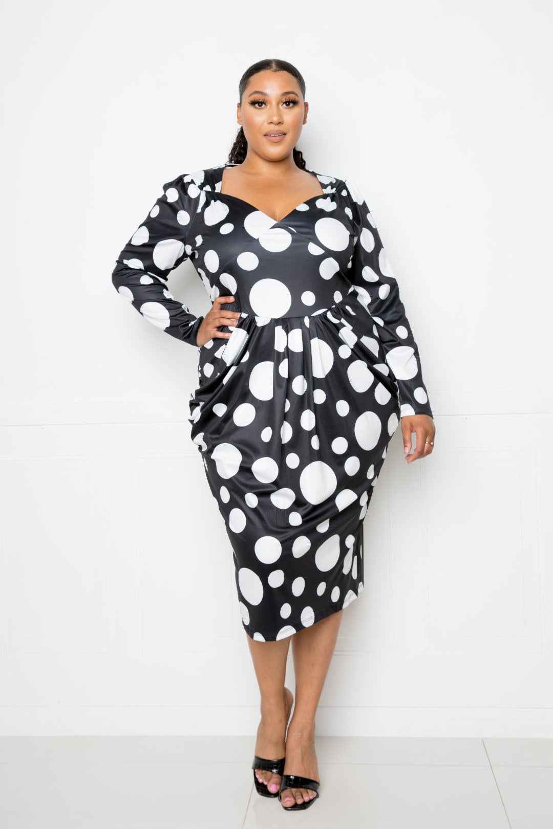 Plus Size Polka Dot Drop Waist Ruched Midi Dress – Stylish & Comfortable – men’s fashion, stylish and versatile