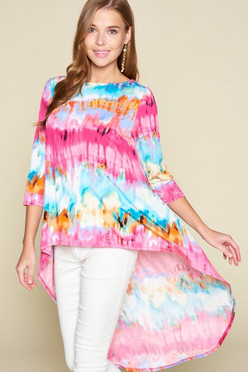Sale - Tie-dye Venechia High Low Fashion Top With 3/4 Sleeves – On Sale Now