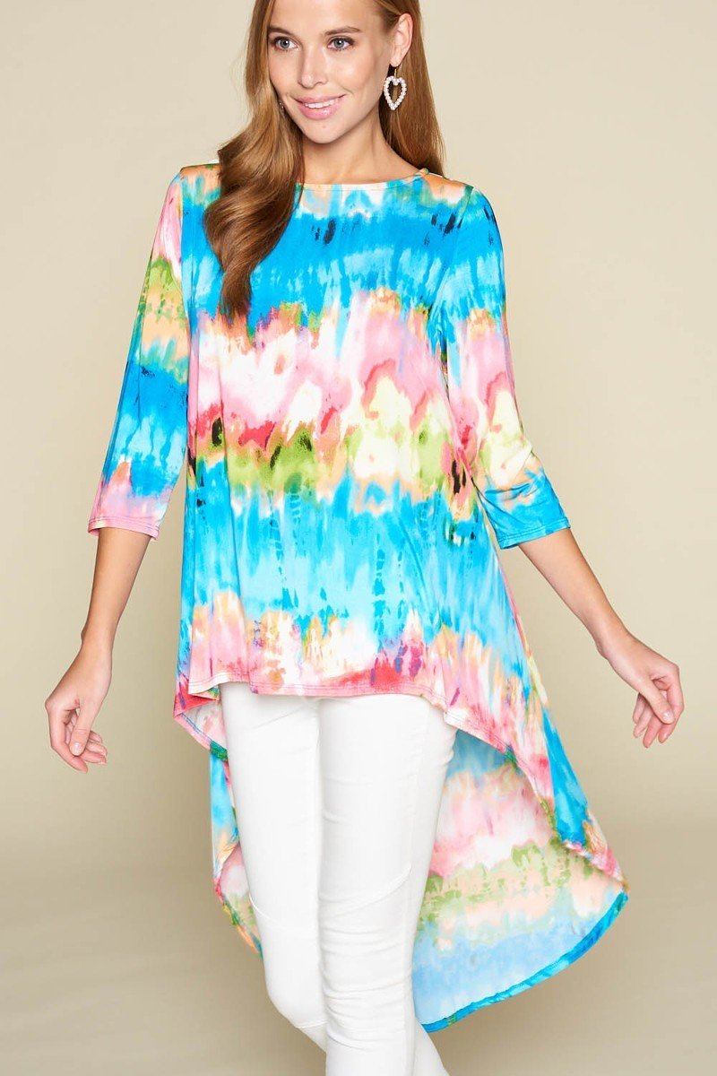 Sale - Tie-dye Venechia High Low Fashion Top With 3/4 Sleeves – On Sale Now