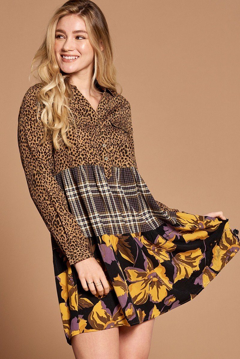 Cheetah Print Button-down Collard Shirt Dress-Product Type | Naughty Smile Fashion