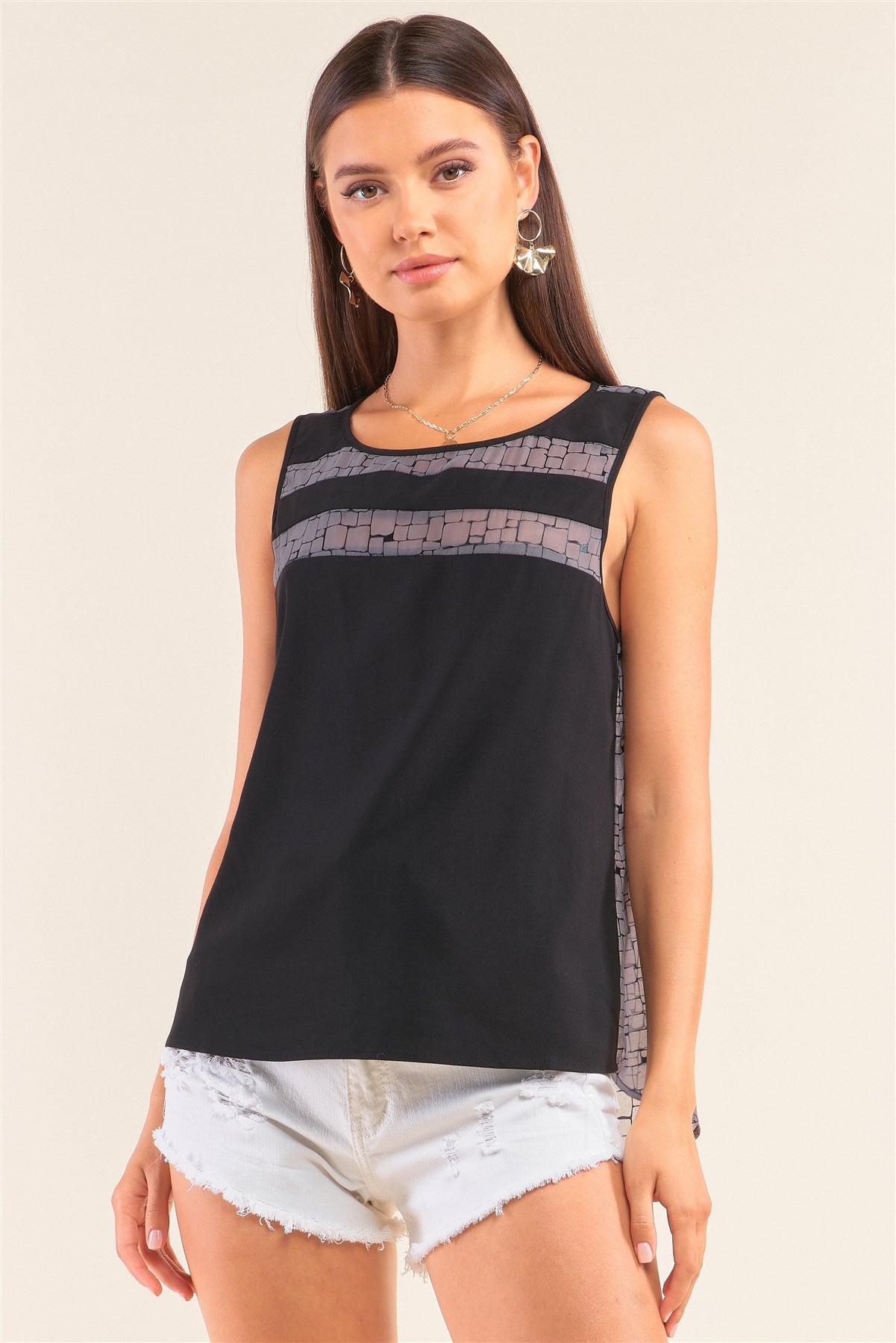 Grey And Black Sleeveless Relaxed Fit Brick Pattern Print Mesh Round Neck Top-Product Type | Naughty Smile Fashion