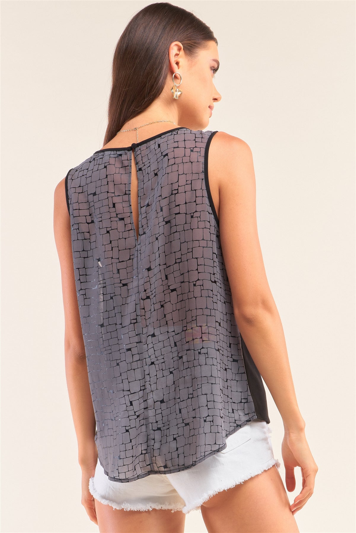 Grey And Black Sleeveless Relaxed Fit Brick Pattern Print Mesh Round Neck Top-Product Type | Naughty Smile Fashion